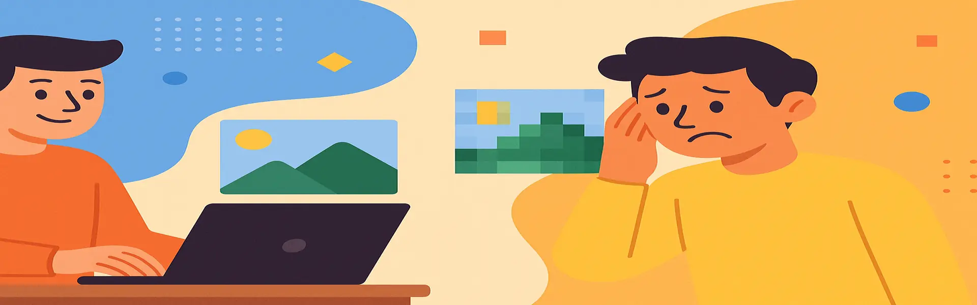 Ilustração mostrando a perda de qualidade ao redimensionar imagens